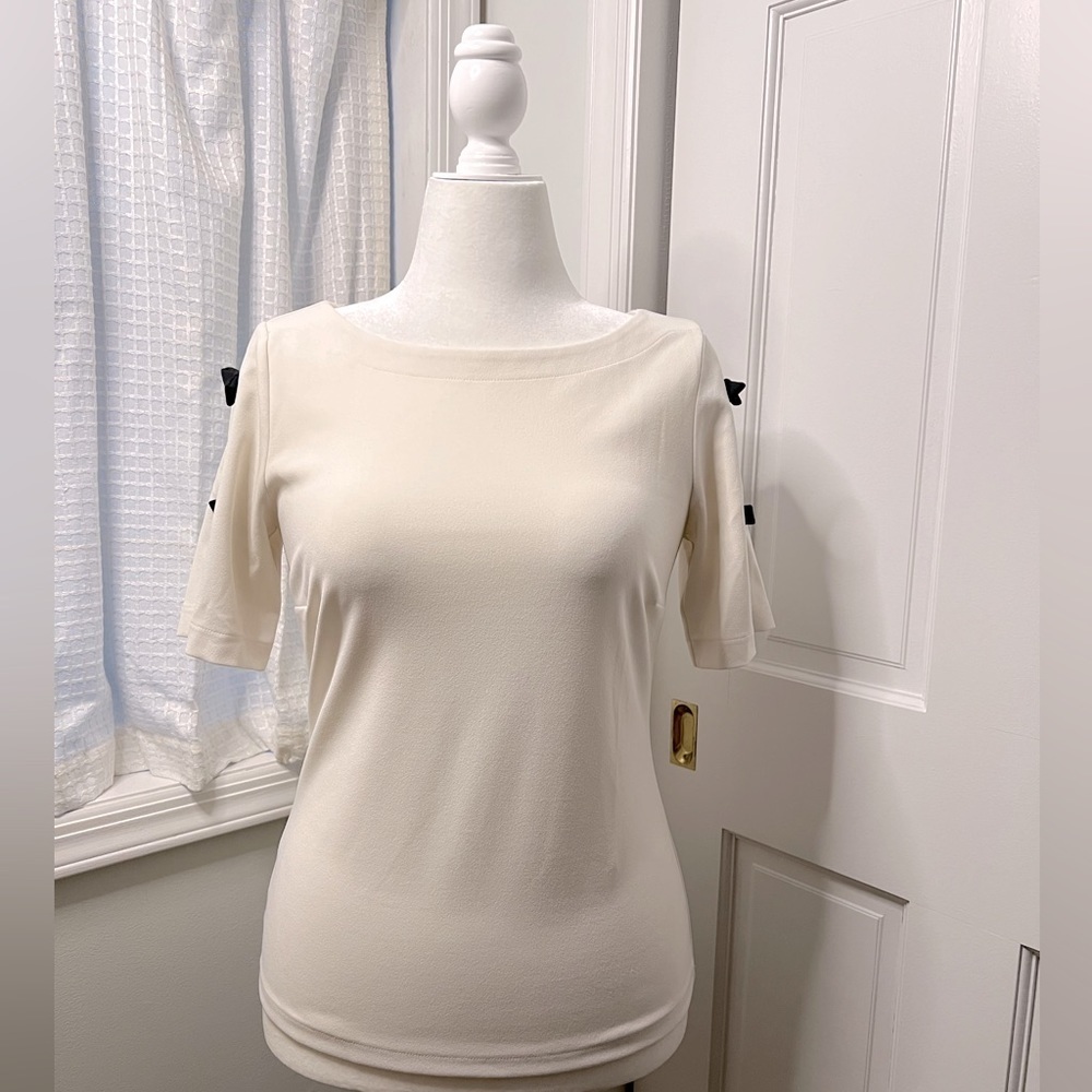 #1 ANN TAYLOR • IVORY/CREAM BLOUSE • BOW DETAIL ON SLEEVES